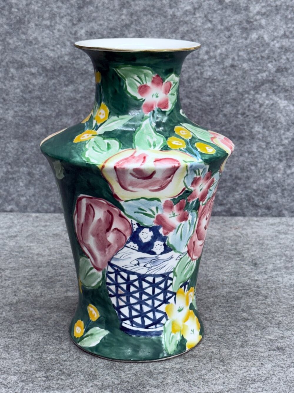 Vintage Hand-Painted Floral Ceramic Bud Vase Bold Pink & Yellow Flowers on Green